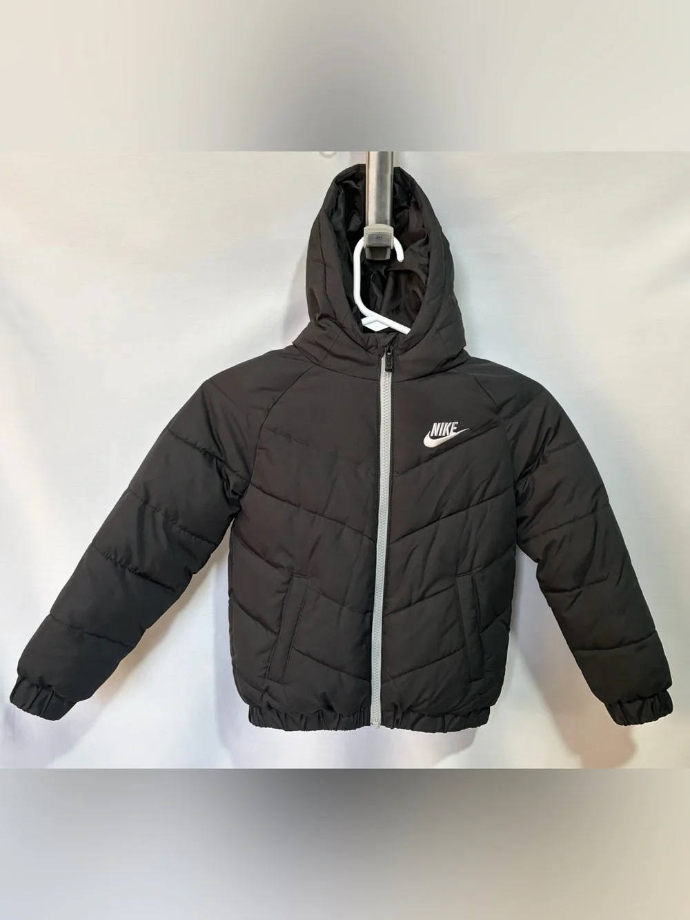 Nike Black Kids Hooded Puffer Jacket with White Logo
